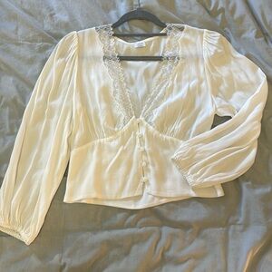 White button up Aritzia blouse with gentle puff sleeves and lace detailing